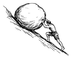 Illustration of a strong man pushing a massive boulder up a steep hill representing determination and struggle © AnimalZOO