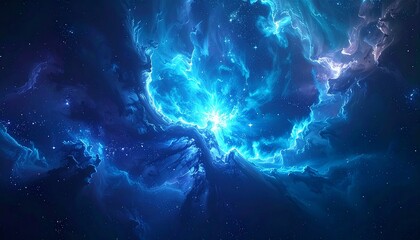 Obraz premium An abstract blue nebula glows within a dark cosmic galaxy, featuring a bright planet and ethereal clouds across a vast starry universe