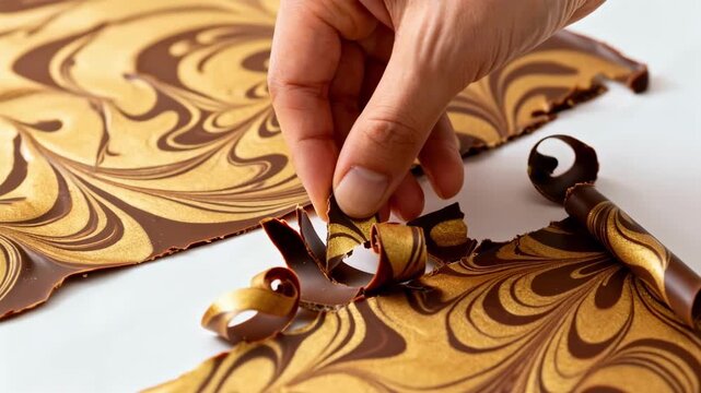 Close medium shot of marbled chocolate sheets being delicately broken into elegant curls and shards for cake decoration with intricate swirling patterns.