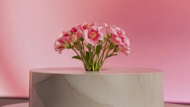 Pink alstroemeria flower bouquet arrangement on marble stand with soft pink background displays floral beauty and simplicity for elegant visuals