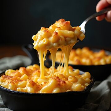 Scoop of creamy macaroni and cheese with melted cheese strands. Baked pasta dish with golden crust in cast iron bowl. Hot cheesy comfort food served at dinner.