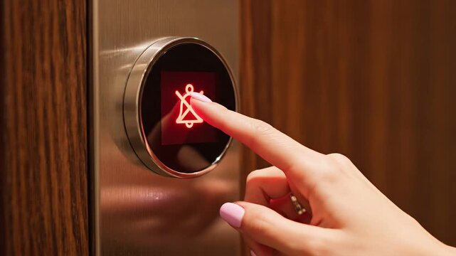 touchless invention concept. Hand pressing a doorbell button on a wooden surface with a metal frame.