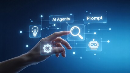 Naklejka premium AI agents and prompt engineering interface concept,digital assistant automation,search optimization tools,and intelligent workflow integration technology