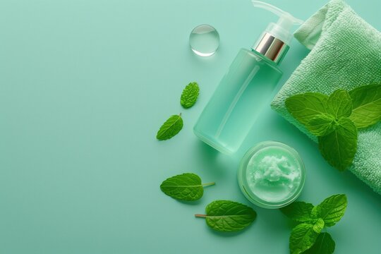 Refreshing mint skincare products on a soft green towel with vibrant mint leaves for a soothing spa experience