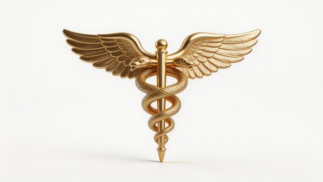 Golden caduceus medical symbol isolated on white background,healthcare emblem,medicine concept,professional hospital branding,and clinical authority representation