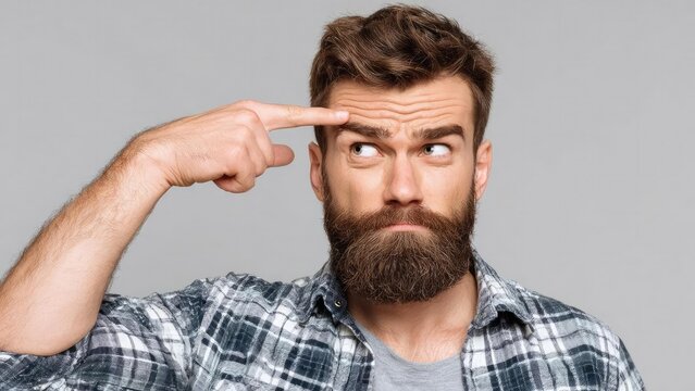 Bearded man in a plaid shirt touching his temple with his finger, looking thoughtful and puzzled. Concept Bearded man, Plaid shirt, Thoughtful pose, Puzzled expression, Portrait