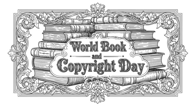 World Book and Copyright Day vector illustration with book stack and floral border
