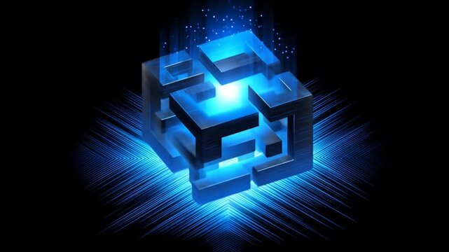 Abstract 3 d cube structure with bright blue glowing details on black background