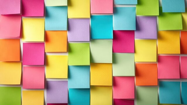 A wall covered with colorful sticky notes (Post-it notes). Concept Colorful sticky note wall collage, Post-it note mural, Vibrant handwritten messages art, Creative wall of notes