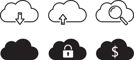 Obraz premium A set of vector line art cloud icons including upload, download, search, lock, and money silhouette bundle