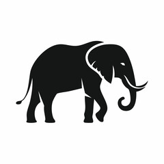 Obraz premium Black silhouette of an elephant walking against a white background with its trunk curled downward.