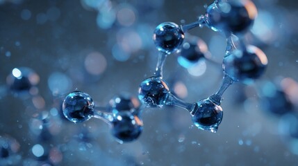 Blue molecule atoms floating in liquid serum, detailed dna double helix structure and molecular model background for medical research, biotechnology innovation, genetic engineering, pharmaceutical sci
