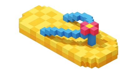Fototapeta premium Pixel art style yellow flip-flop with blue strap and flower