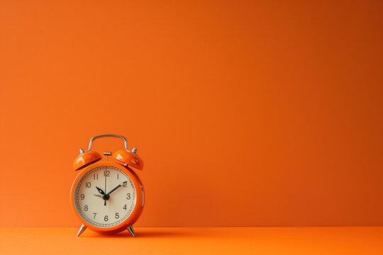 Bright orange alarm clock stands against a vivid orange background, symbolizing time's passage and daily routines