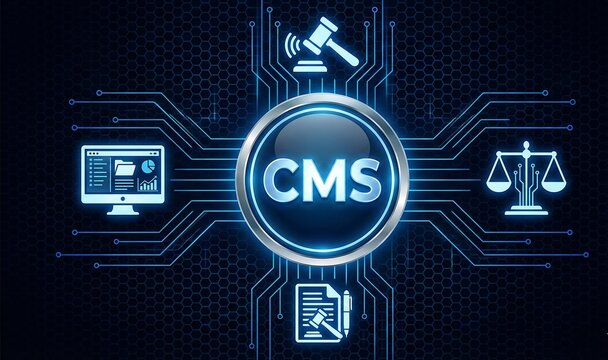 Case Management System CMS Concept with Digital Law Firm Workflow, Legal Document Tracking and Justice Department Interface