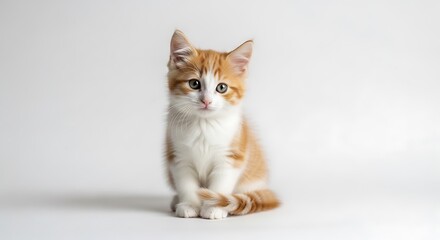 Obraz premium Adorable orange and white kitten sitting on a plain background