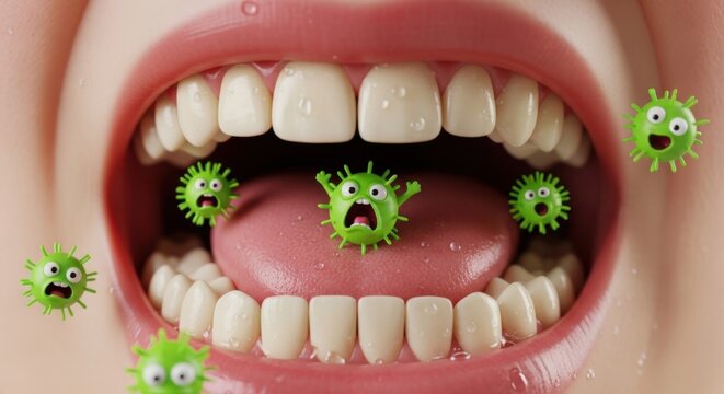 Cartoon Germs and Bacteria in Open Mouth - Oral Hygiene and Dental Health Concept