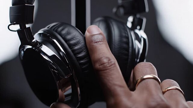 touchless invention concept. Close-up of a hand adjusting black leather headphones on a stand.