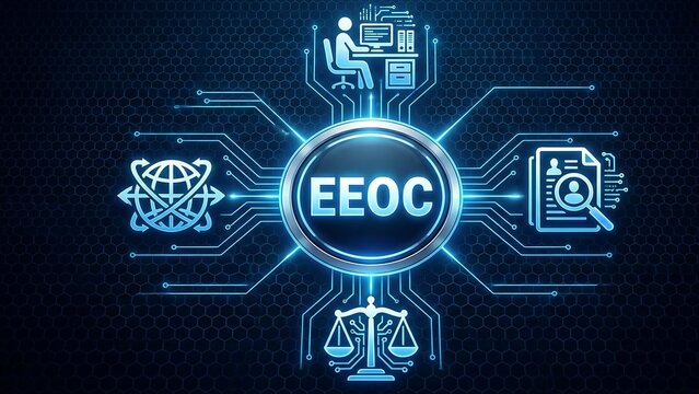 EEOC Equal Employment Opportunity Commission Concept with Workplace Rights and Legal Employment Compliance Icons