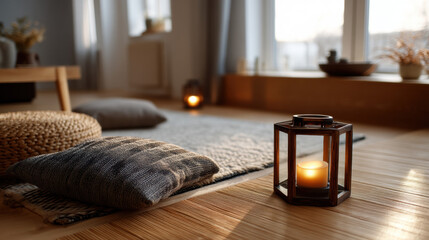 Cozy living room with warm candlelight, soft cushions on wooden floor, natural decor, and calm, inviting atmosphere at sunset