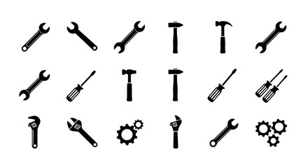 Naklejka premium The image displays a grid of 20 different tools, including wrenches, hammers, screwdrivers, and other equipment, all presented in black against a white background.