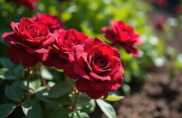 Several deep red garden roses bloom on green stems in sunny weather. Lush foliage and soil create blurred background. Flower petals unfurl showcasing center.