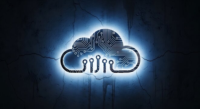 Glowing cloud computing logo with binary code texture