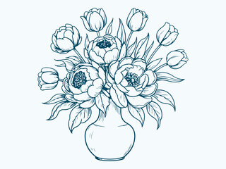 Delicate floral arrangement of tulips and peonies in a vase