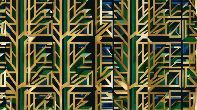 Seamless art deco geometric pattern animation with gold lines,green and blue tones for modern backgrounds and designs