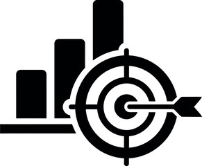 Black and white target with arrow and bar graph icon