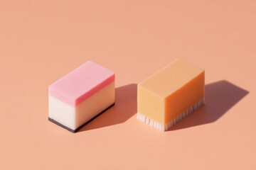 Obraz premium Colorful sponges resting against a soft peach background evoke feelings of cleanliness and simplicity