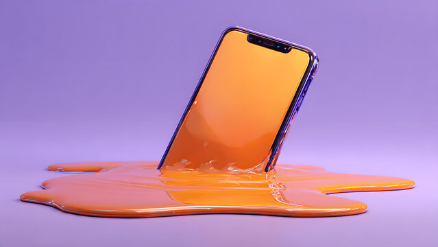 Minimalist 3d render of a smartphone partially melting into orange liquid on a purple background