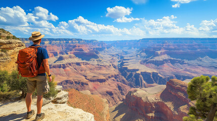 Male Backpacker standing on the Rim of Grand Canyon looking at vast stunning Landscape