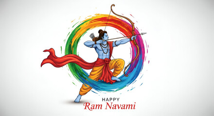 Colorful Lord Rama archer pose vector illustration for Ram Navami festival celebration showing divine energy devotion culture and spiritual Hindu artwork