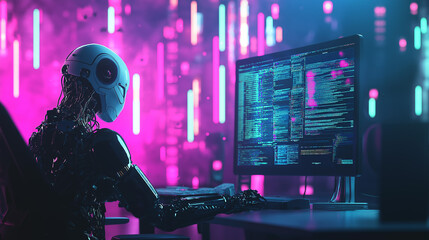 Futuristic Humanoid Robot working on Computer with complex Code on Screen