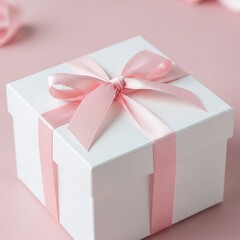 Obraz premium Elegant White Gift Box with Delicate Pink Ribbon Bow on Soft Pastel Background for Celebrations and Special Occasions