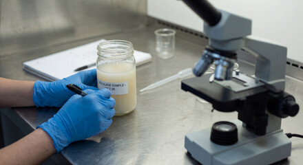 Scientist hands labeling mucilage sample jar in laboratory next to microscope