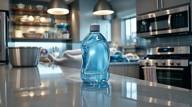 Water bottle on kitchen table with bright interior and healthy lifestyle concept. Clean drinking water for hydration and wellness at home with natural light. Fresh refreshment for daily routine and pu
