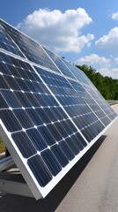 Obraz premium Solar panels are installed on the roof of an industrial building with a blue sky and white clouds in the background during the day