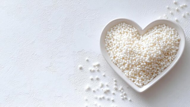 Heart-shaped bowl filled with tiny white tapioca pearls on a white textured background. Concept Minimalist Food Photo, White-on-White Texture, Close-Up Details, Tapioca Pearls Focus