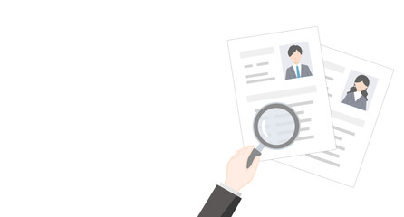 履歴書を虫眼鏡でチェックする採用担当者のベクターイラスト（人事・書類選考･就活）