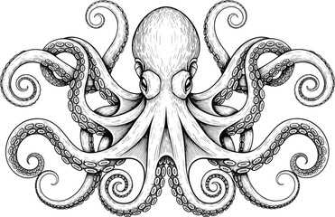 Detailed hand drawn octopus illustration with tentacles, vintage marine engraving style, black and white ocean animal artwork © Nupoor's World