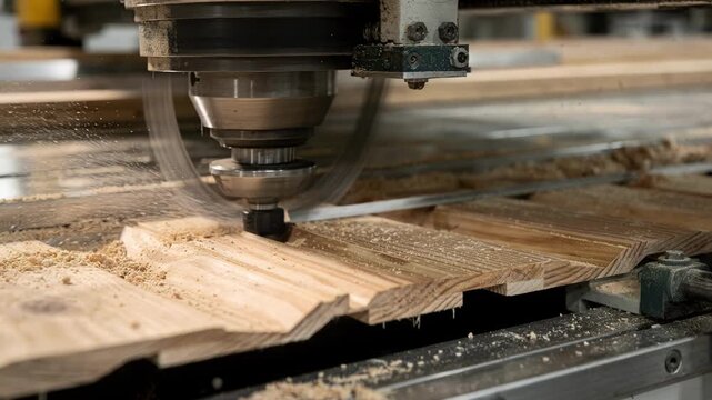 Close medium view of bevel siding profile production highlighting angled wood boards being shaped on milling equipment for sleek angled cladding on architectural exteriors.