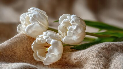 Three white tulips on a beige burlap fabric. Concept White tulips on burlap, Rustic floral still life, Neutral beige backdrop, Minimalist garden bouquet, Soft natural lighting