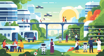 People in a futuristic city park. © Rifky