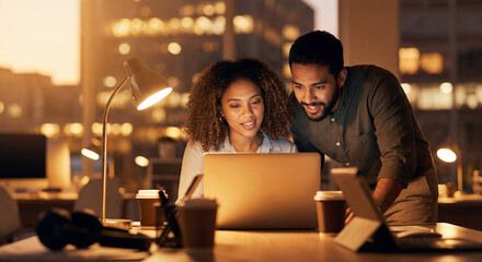 Diverse business colleagues collaborating late at night on laptop project in illuminated office