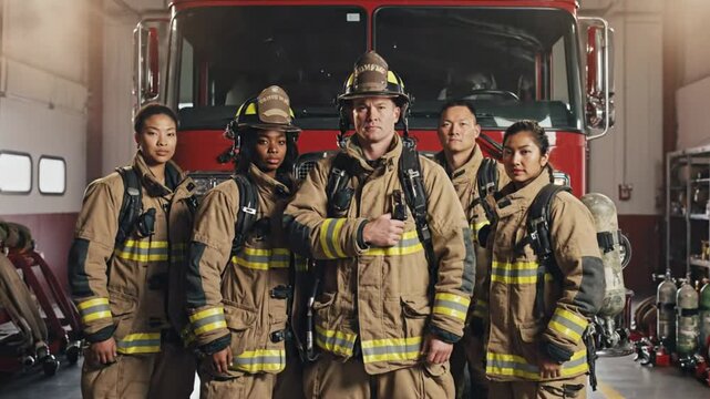 Courageous firefighters stand in front of their fire truck, ready for action, a symbol of bravery and teamwork