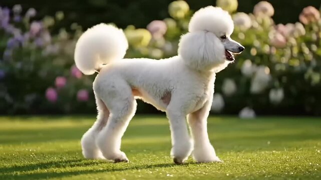 White poodle prancing gracefully on a lush green lawn