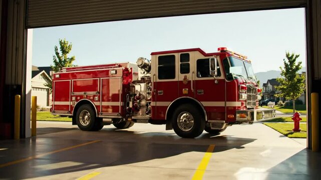 Red fire truck parked inside a garage with the door opening to reveal a residential neighborhood on a sunny day