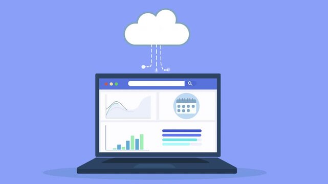 Flat vector animation of laptop displaying calendar dashboard connected to cloud system, representing schedule management, data monitoring, and digital technology workflow.
